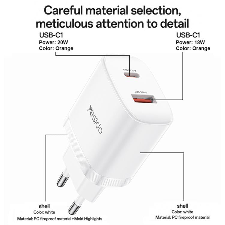 مجموعة شاحن Yesido YC106 PD20W USB-C / Type-C ومنافذ مزدوجة QC18W USB-A مع كابل Type-C إلى Type-C، YC106