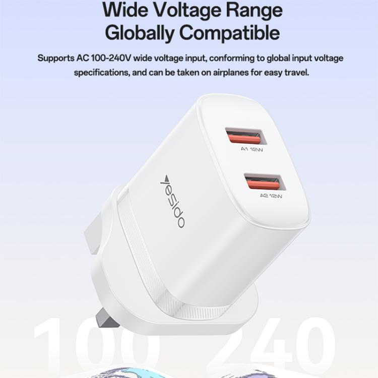 مجموعة شاحن Yesido YC150 بقدرة 12W و2.4A مع منفذي USB وكابل بيانات USB بطول 1 متر إلى Type-C، YC150