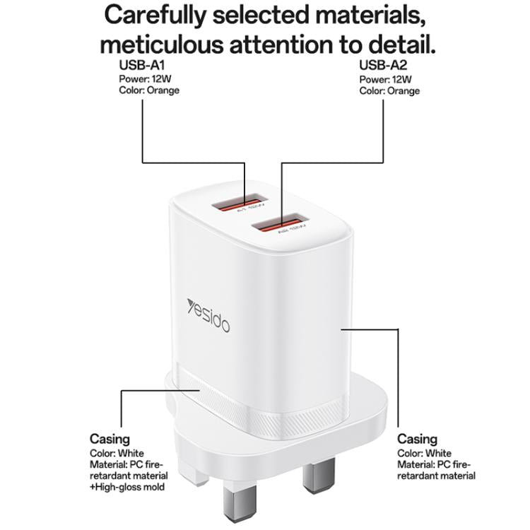 مجموعة شاحن Yesido YC150 بقدرة 12W و2.4A مع منفذي USB وكابل بيانات USB بطول 1 متر إلى Type-C، YC150