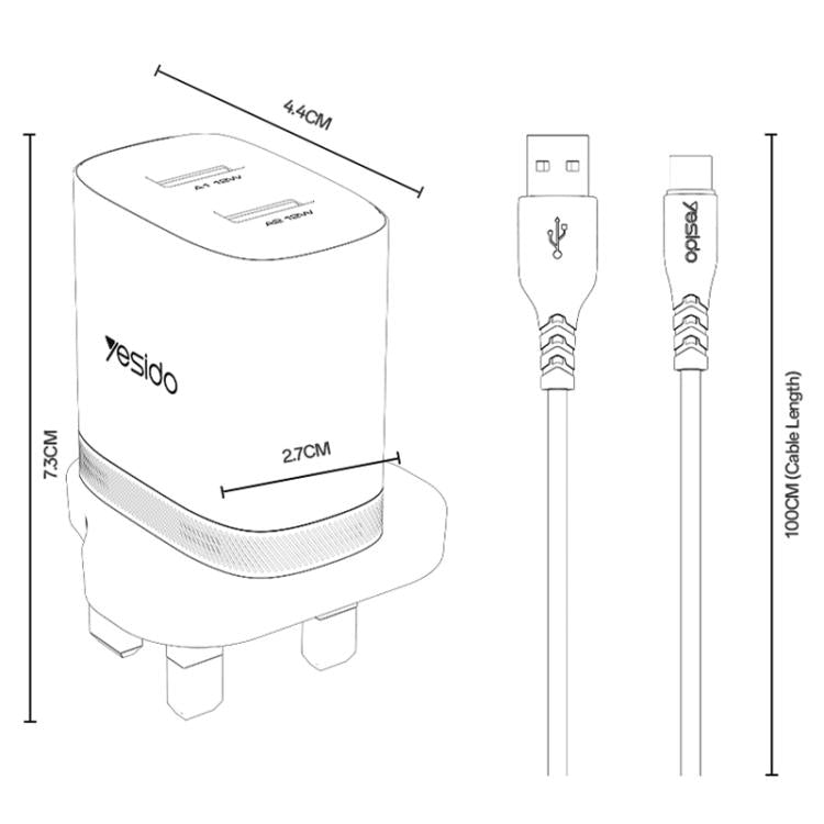 مجموعة شاحن Yesido YC150 بقدرة 12W و2.4A مع منفذي USB وكابل بيانات USB بطول 1 متر إلى Type-C، YC150