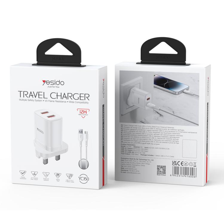 مجموعة شاحن Yesido YC150 بقدرة 12W و2.4A مع منفذي USB وكابل بيانات USB بطول 1 متر إلى Type-C، YC150
