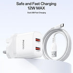 مجموعة شاحن Yesido YC150 بقدرة 12W و2.4A مع منفذي USB وكابل بيانات USB بطول 1 متر إلى Type-C، YC150