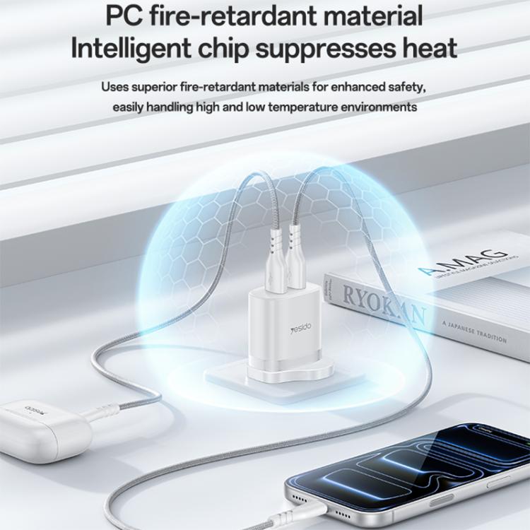 مجموعة شاحن Yesido YC150 بقدرة 12W و2.4A مع منفذي USB وكابل بيانات USB بطول 1 متر إلى Type-C، YC150