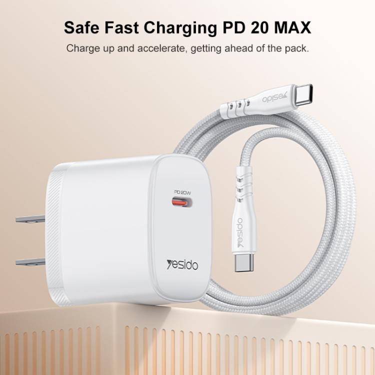 مجموعة شاحن Yesido YC18U PD20W Type-C مع كابل بيانات Type-C إلى Type-C بطول 1 متر، YC18U