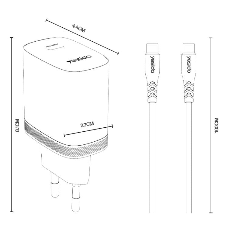 مجموعة شاحن Yesido YC105 PD20W Type-C مع كابل بيانات Type-C إلى Type-C بطول 1 متر، YC105