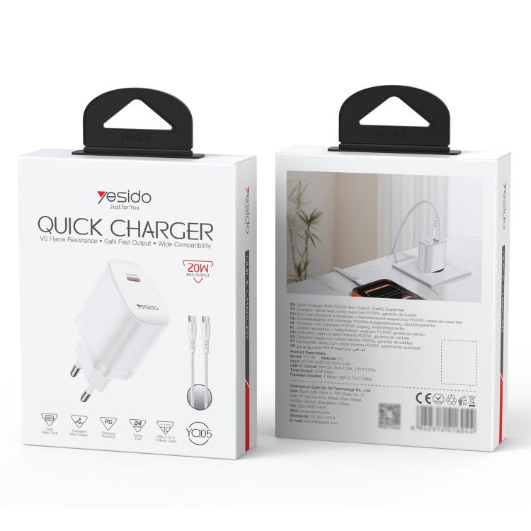 مجموعة شاحن Yesido YC105 PD20W Type-C مع كابل بيانات Type-C إلى Type-C بطول 1 متر، YC105