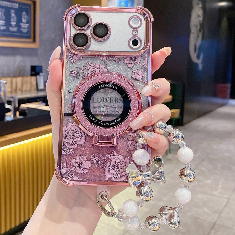 غطاء هاتف مطلي بالكهرباء مزين بأزهار متدرجة مع حزام معصم، لهواتف iPhone 17 Pro Max و iPhone 17 Pro و iPhone 17 و iPhone Air و iPhone 16 Pro Max و iPhone 16 Pro و iPhone 16 Plus و iPhone 16 و iPhone 15 Pro Max