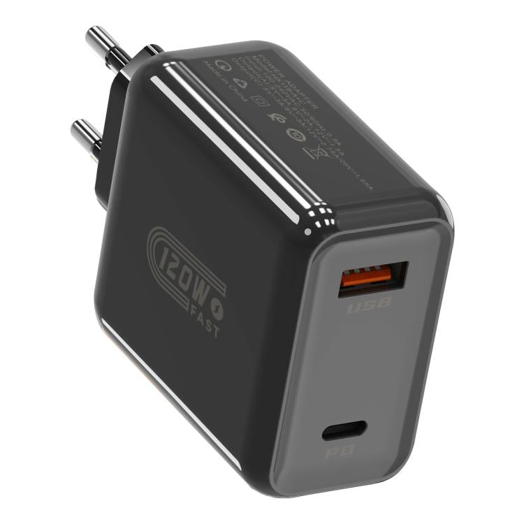 شاحن سريع HX119 بقدرة 120W مع واجهتي USB وType-C، قابس أوروبي، قابس بريطاني، قابس أمريكي