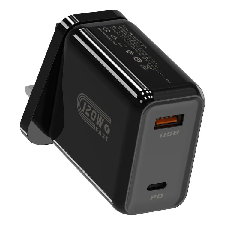 شاحن سريع HX119 بقدرة 120W مع واجهتي USB وType-C، قابس أوروبي، قابس بريطاني، قابس أمريكي