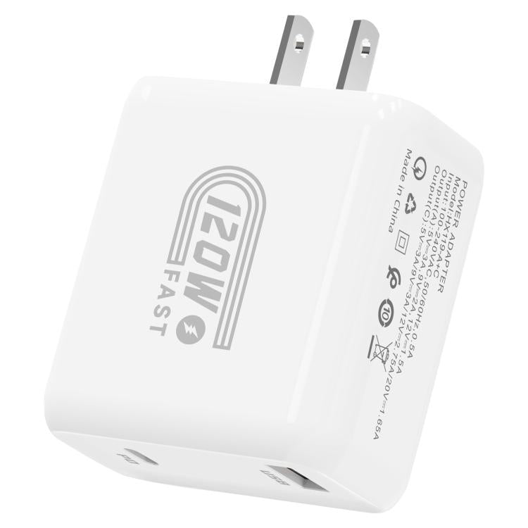 شاحن سريع HX119 بقدرة 120W مع واجهتي USB وType-C، قابس أوروبي، قابس بريطاني، قابس أمريكي