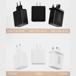 شاحن سريع HX119 بقدرة 120W مع واجهتي USB وType-C، قابس أوروبي، قابس بريطاني، قابس أمريكي