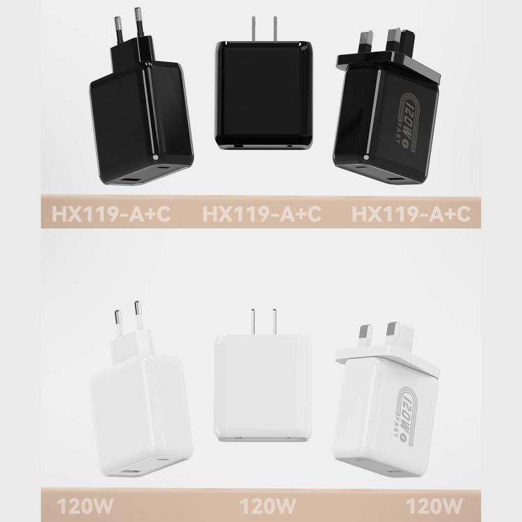 شاحن سريع HX119 بقدرة 120W مع واجهتي USB وType-C، قابس أوروبي، قابس بريطاني، قابس أمريكي