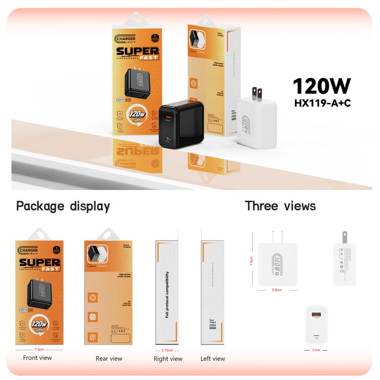 شاحن سريع HX119 بقدرة 120W مع واجهتي USB وType-C، قابس أوروبي، قابس بريطاني، قابس أمريكي