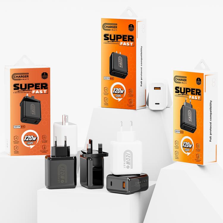 شاحن سريع HX119 بقدرة 120W مع واجهتي USB وType-C، قابس أوروبي، قابس بريطاني، قابس أمريكي
