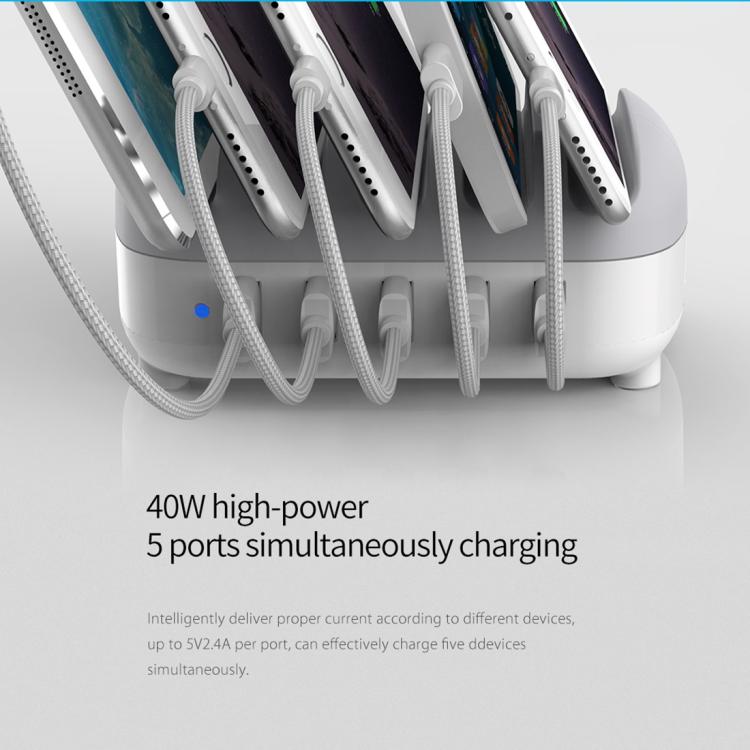 محطة شحن ذكية ORICO DUK-5P بقدرة 40W مع 5 منافذ USB وحامل، قابس أمريكي، قابس بريطاني، قابس أسترالي