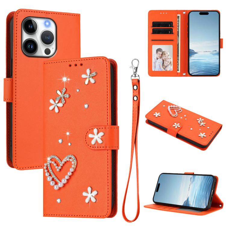 غطاء هاتف من الجلد النباتي مزدوج الطبقة مزين بقلوب وزهور مع حزام معصم ZS01، لهواتف iPhone 16 Pro، iPhone 16 Plus، iPhone 16، iPhone 15 Pro Max، iPhone 15 Pro، iPhone 15 Plus