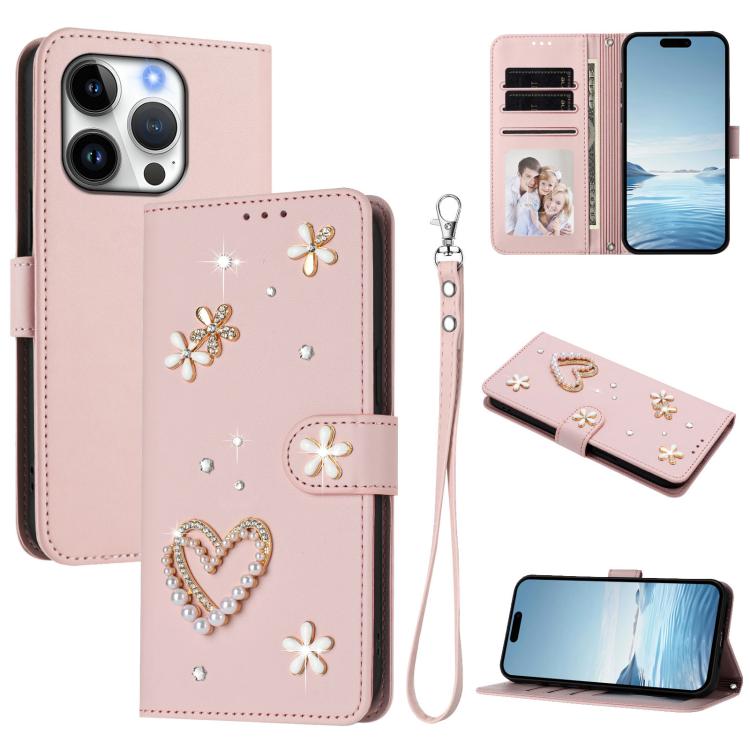 غطاء هاتف من الجلد النباتي مزدوج الطبقة مزين بقلوب وزهور مع حزام معصم ZS01، لهواتف iPhone 16 Pro، iPhone 16 Plus، iPhone 16، iPhone 15 Pro Max، iPhone 15 Pro، iPhone 15 Plus