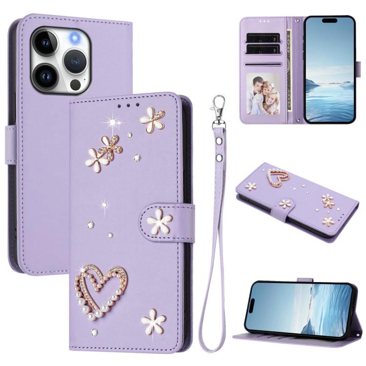 غطاء هاتف من الجلد النباتي مزدوج الطبقة مزين بقلوب وزهور مع حزام معصم ZS01، لهواتف iPhone 16 Pro، iPhone 16 Plus، iPhone 16، iPhone 15 Pro Max، iPhone 15 Pro، iPhone 15 Plus