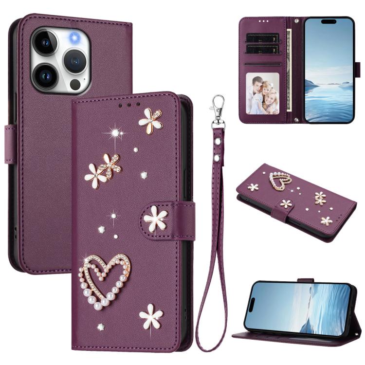 غطاء هاتف من الجلد النباتي مزدوج الطبقة مزين بقلوب وزهور مع حزام معصم ZS01، لهواتف iPhone 16 Pro، iPhone 16 Plus، iPhone 16، iPhone 15 Pro Max، iPhone 15 Pro، iPhone 15 Plus