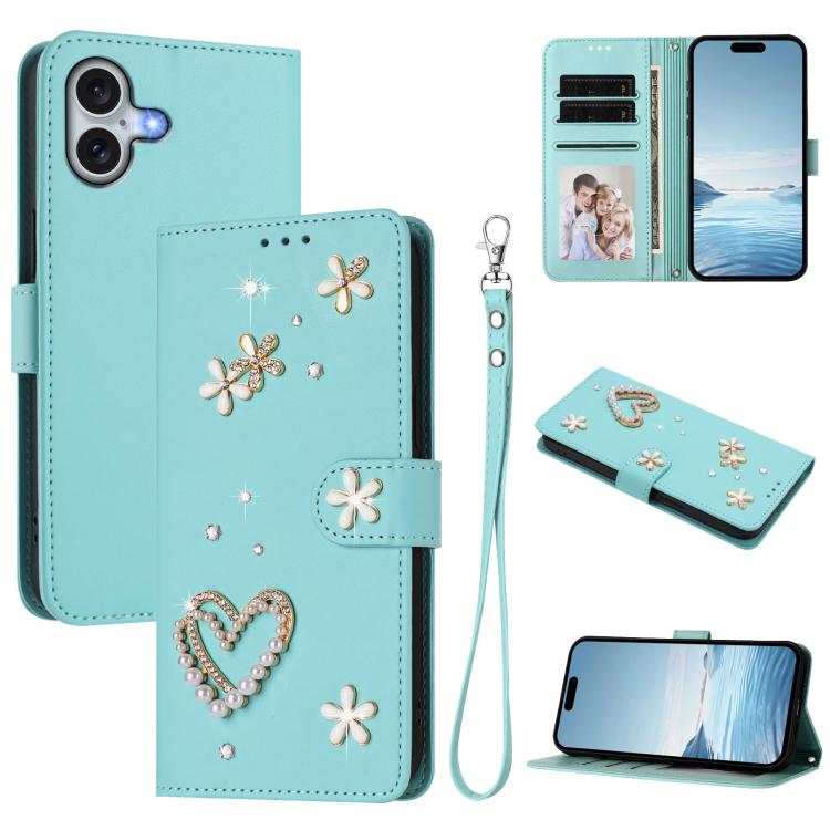 غطاء هاتف من الجلد النباتي مزدوج الطبقة مزين بقلوب وزهور مع حزام معصم ZS01، لهواتف iPhone 16 Pro، iPhone 16 Plus، iPhone 16، iPhone 15 Pro Max، iPhone 15 Pro، iPhone 15 Plus