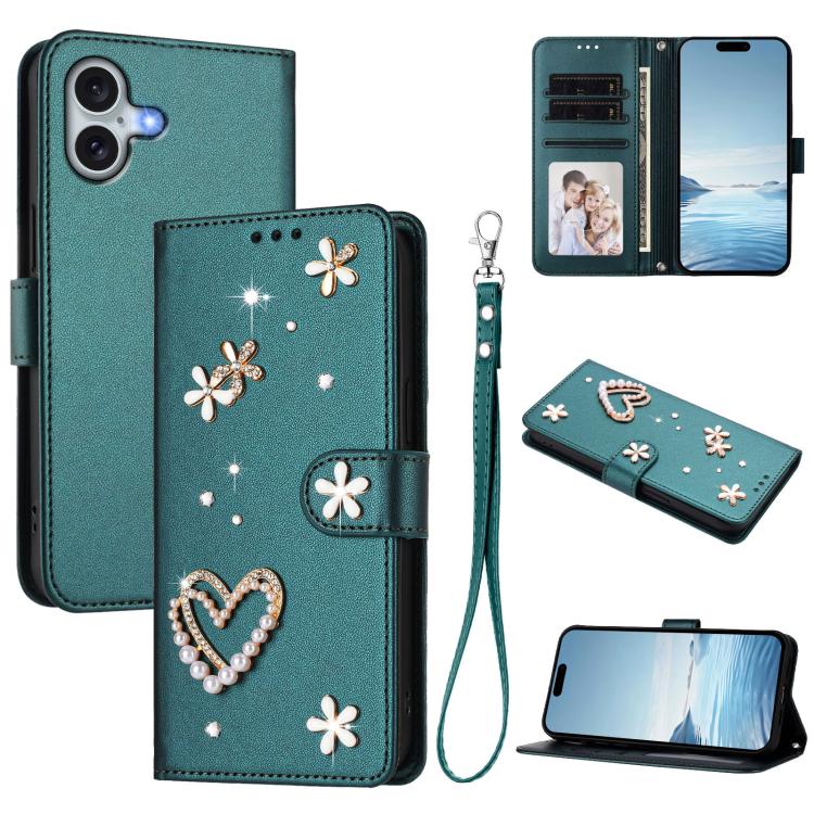 غطاء هاتف من الجلد النباتي مزدوج الطبقة مزين بقلوب وزهور مع حزام معصم ZS01، لهواتف iPhone 16 Pro، iPhone 16 Plus، iPhone 16، iPhone 15 Pro Max، iPhone 15 Pro، iPhone 15 Plus