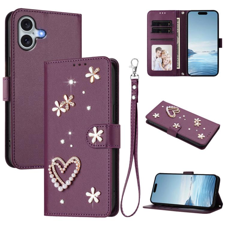 غطاء هاتف من الجلد النباتي مزدوج الطبقة مزين بقلوب وزهور مع حزام معصم ZS01، لهواتف iPhone 16 Pro، iPhone 16 Plus، iPhone 16، iPhone 15 Pro Max، iPhone 15 Pro، iPhone 15 Plus
