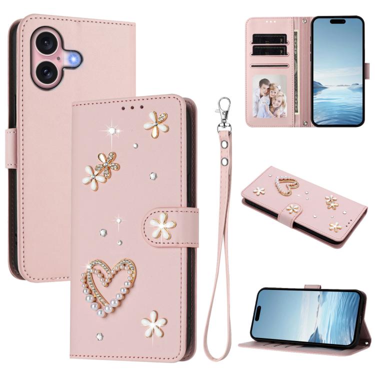 غطاء هاتف من الجلد النباتي مزدوج الطبقة مزين بقلوب وزهور مع حزام معصم ZS01، لهواتف iPhone 16 Pro، iPhone 16 Plus، iPhone 16، iPhone 15 Pro Max، iPhone 15 Pro، iPhone 15 Plus
