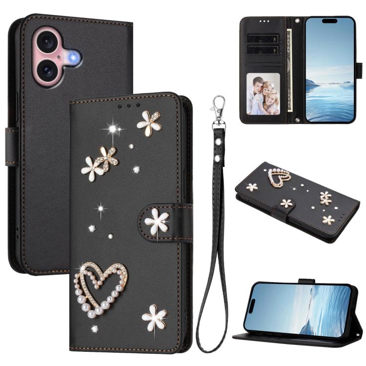 غطاء هاتف من الجلد النباتي مزدوج الطبقة مزين بقلوب وزهور مع حزام معصم ZS01، لهواتف iPhone 16 Pro، iPhone 16 Plus، iPhone 16، iPhone 15 Pro Max، iPhone 15 Pro، iPhone 15 Plus