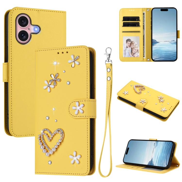 غطاء هاتف من الجلد النباتي مزدوج الطبقة مزين بقلوب وزهور مع حزام معصم ZS01، لهواتف iPhone 16 Pro، iPhone 16 Plus، iPhone 16، iPhone 15 Pro Max، iPhone 15 Pro، iPhone 15 Plus