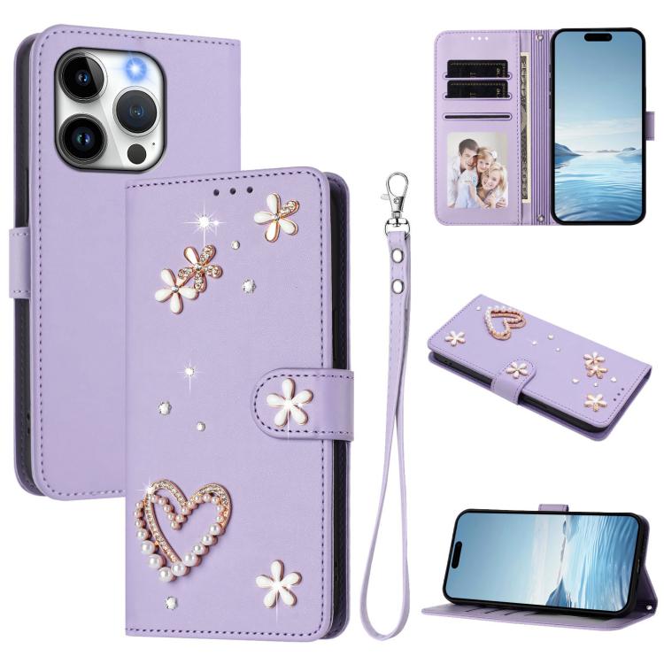 غطاء هاتف من الجلد النباتي مزدوج الطبقة مزين بقلوب وزهور مع حزام معصم ZS01، لهواتف iPhone 16 Pro، iPhone 16 Plus، iPhone 16، iPhone 15 Pro Max، iPhone 15 Pro، iPhone 15 Plus