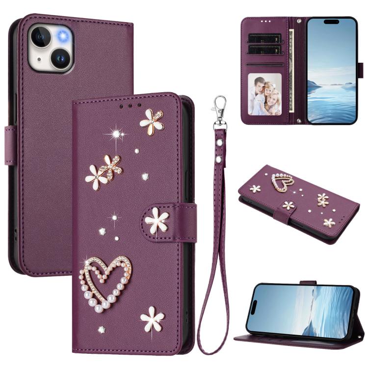 غطاء هاتف من الجلد النباتي مزدوج الطبقة مزين بقلوب وزهور مع حزام معصم ZS01، لهواتف iPhone 16 Pro، iPhone 16 Plus، iPhone 16، iPhone 15 Pro Max، iPhone 15 Pro، iPhone 15 Plus