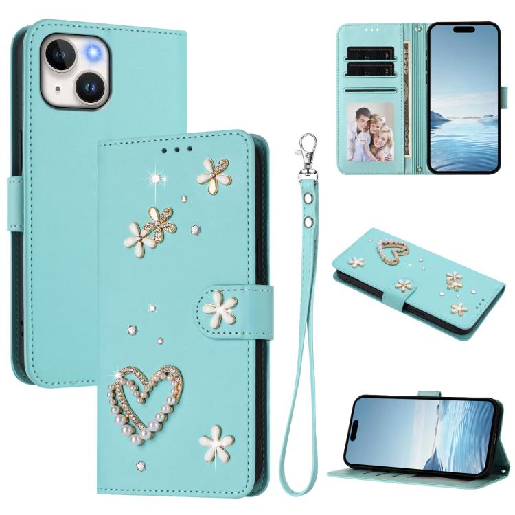 غطاء هاتف من جلد نباتي مزدوج الطبقة بنقشة قلب وزهور مع حزام معصم، لهواتف iPhone 15، وiPhone 14 Plus، وiPhone 14 / 13، وiPhone 14 Pro، وiPhone 14 Pro Max، وiPhone 13 Pro Max