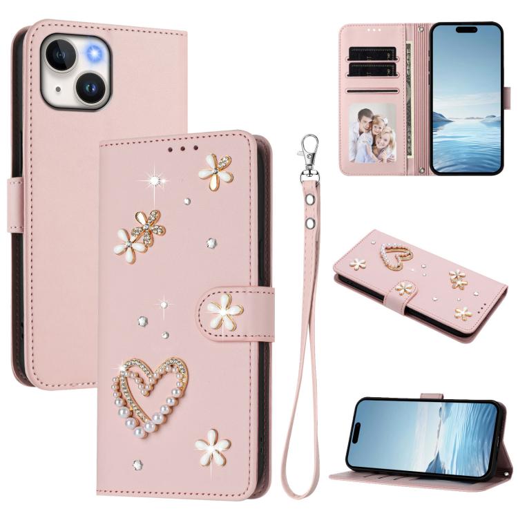 غطاء هاتف من جلد نباتي مزدوج الطبقة بنقشة قلب وزهور مع حزام معصم، لهواتف iPhone 15، وiPhone 14 Plus، وiPhone 14 / 13، وiPhone 14 Pro، وiPhone 14 Pro Max، وiPhone 13 Pro Max