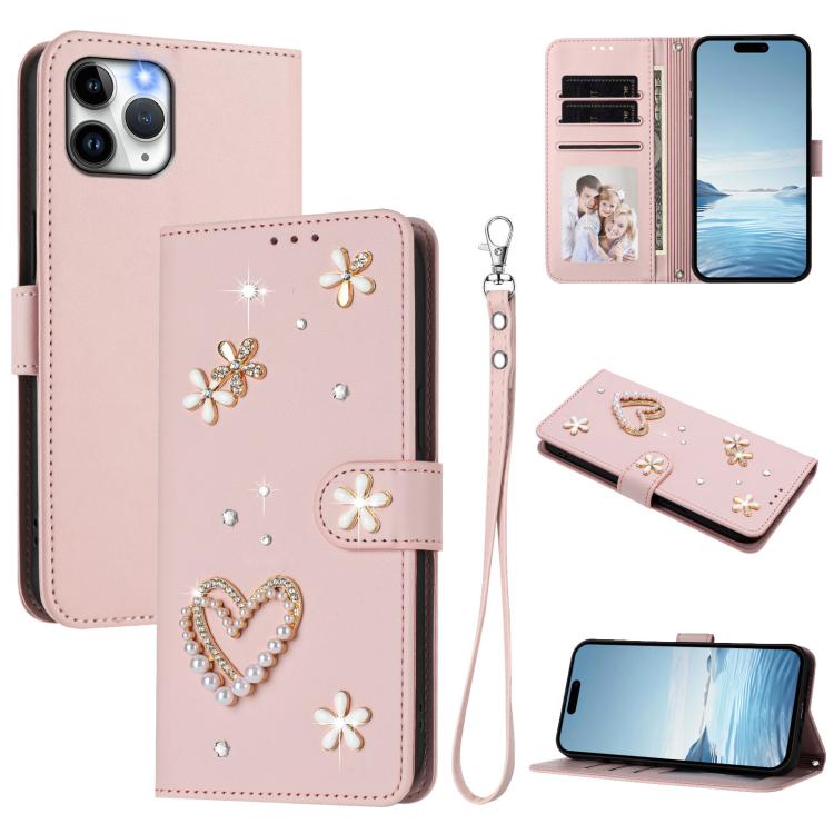 غطاء هاتف من جلد نباتي مزدوج الطبقة بنقشة قلب وزهور مع حزام معصم، لهواتف iPhone 13 Pro، وiPhone 12 / 12 Pro، وiPhone 12 Pro Max، وiPhone 11 Pro Max، وiPhone 11، وiPhone 11 Pro