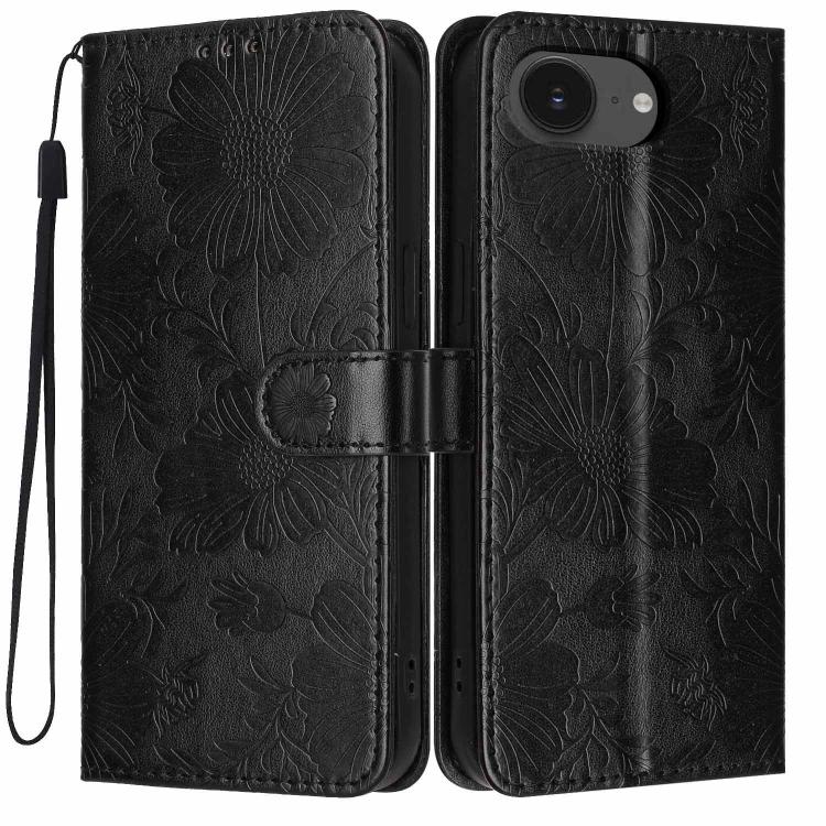 غطاء هاتف من الجلد النباتي بنقشة عباد الشمس مع حبل أسود صغير، لجهاز iPhone 16e / 17e، لجهاز iPhone 17 Pro Max، لجهاز iPhone 17 Pro، لجهاز iPhone 17، لجهاز iPhone Air، لجهاز iPhone 16 Pro Max، لجهاز iPhone 16 Pro، لجهاز iPhone 16 Plus