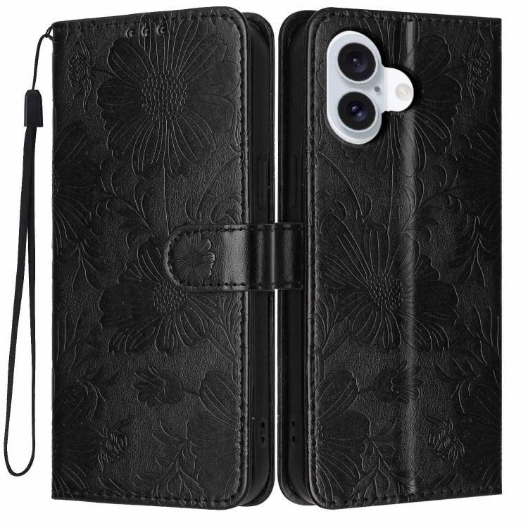 غطاء هاتف من الجلد النباتي بنقشة عباد الشمس مع حبل أسود صغير، لجهاز iPhone 16e / 17e، لجهاز iPhone 17 Pro Max، لجهاز iPhone 17 Pro، لجهاز iPhone 17، لجهاز iPhone Air، لجهاز iPhone 16 Pro Max، لجهاز iPhone 16 Pro، لجهاز iPhone 16 Plus