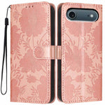 غطاء هاتف من الجلد النباتي بنقشة عباد الشمس مع حبل أسود صغير، لجهاز iPhone 16e / 17e، لجهاز iPhone 17 Pro Max، لجهاز iPhone 17 Pro، لجهاز iPhone 17، لجهاز iPhone Air، لجهاز iPhone 16 Pro Max، لجهاز iPhone 16 Pro، لجهاز iPhone 16 Plus
