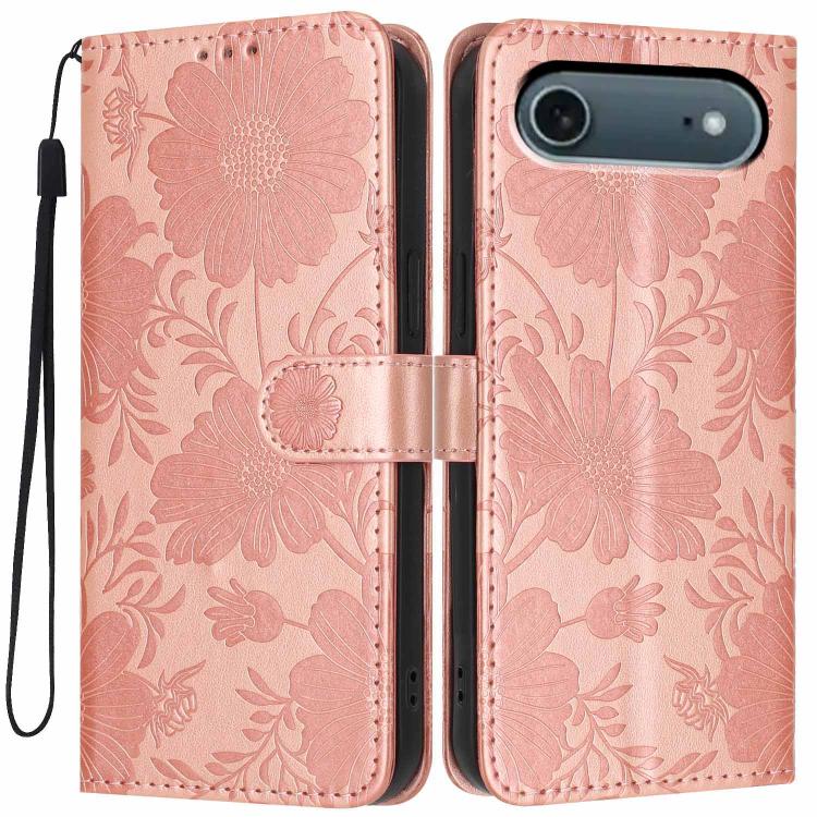غطاء هاتف من الجلد النباتي بنقشة عباد الشمس مع حبل أسود صغير، لجهاز iPhone 16e / 17e، لجهاز iPhone 17 Pro Max، لجهاز iPhone 17 Pro، لجهاز iPhone 17، لجهاز iPhone Air، لجهاز iPhone 16 Pro Max، لجهاز iPhone 16 Pro، لجهاز iPhone 16 Plus
