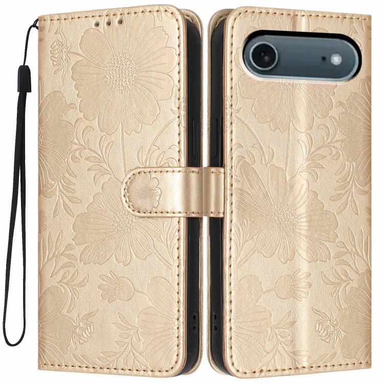 غطاء هاتف من الجلد النباتي بنقشة عباد الشمس مع حبل أسود صغير، لجهاز iPhone 16e / 17e، لجهاز iPhone 17 Pro Max، لجهاز iPhone 17 Pro، لجهاز iPhone 17، لجهاز iPhone Air، لجهاز iPhone 16 Pro Max، لجهاز iPhone 16 Pro، لجهاز iPhone 16 Plus