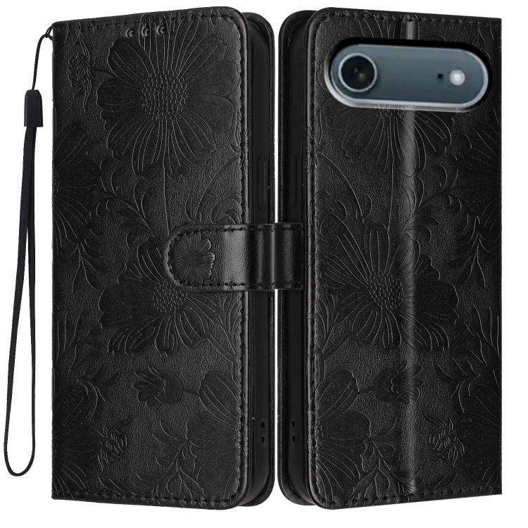 غطاء هاتف من الجلد النباتي بنقشة عباد الشمس مع حبل أسود صغير، لجهاز iPhone 16e / 17e، لجهاز iPhone 17 Pro Max، لجهاز iPhone 17 Pro، لجهاز iPhone 17، لجهاز iPhone Air، لجهاز iPhone 16 Pro Max، لجهاز iPhone 16 Pro، لجهاز iPhone 16 Plus