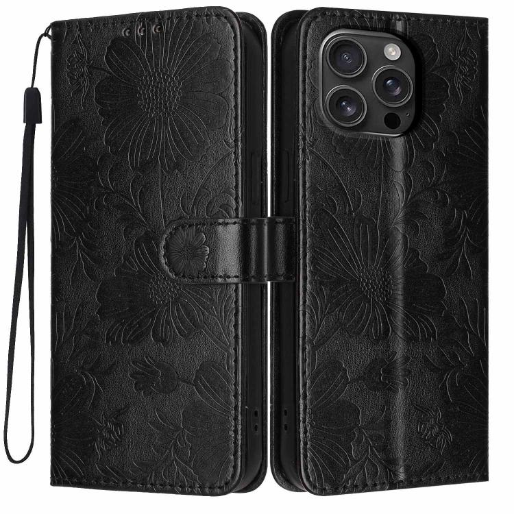 غطاء هاتف من الجلد النباتي بنقشة عباد الشمس مع حبل أسود صغير، لجهاز iPhone 16e / 17e، لجهاز iPhone 17 Pro Max، لجهاز iPhone 17 Pro، لجهاز iPhone 17، لجهاز iPhone Air، لجهاز iPhone 16 Pro Max، لجهاز iPhone 16 Pro، لجهاز iPhone 16 Plus