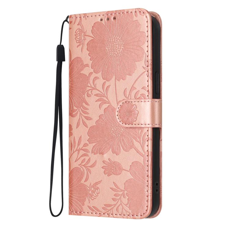 غطاء هاتف من الجلد النباتي بنقشة عباد الشمس مع حبل أسود صغير، لهواتف iPhone 14 Pro Max، iPhone 13 Pro Max، iPhone 13 Pro، iPhone 13، iPhone 12 / 12 Pro، iPhone 12 Pro Max، iPhone 11 Pro Max، iPhone 11