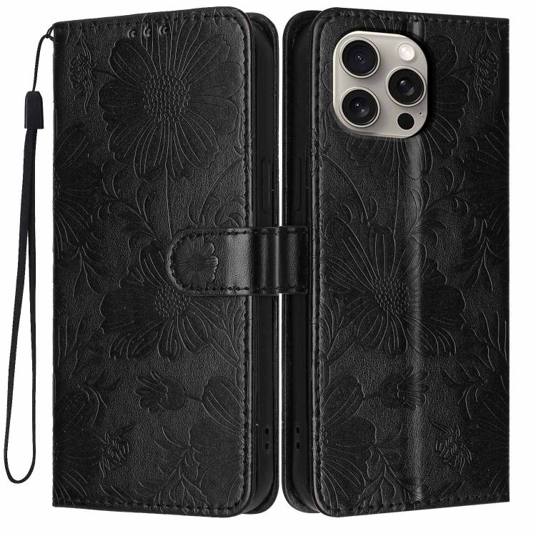 غطاء هاتف من الجلد النباتي بنقشة عباد الشمس مع حبل أسود صغير، لهواتف iPhone 14 Pro Max، iPhone 13 Pro Max، iPhone 13 Pro، iPhone 13، iPhone 12 / 12 Pro، iPhone 12 Pro Max، iPhone 11 Pro Max، iPhone 11