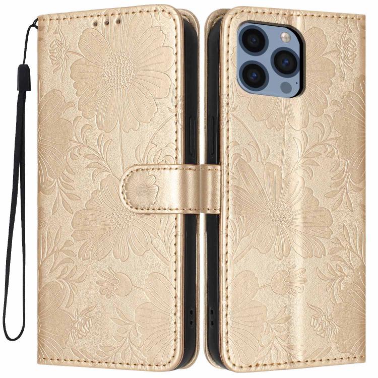 غطاء هاتف من الجلد النباتي بنقشة عباد الشمس مع حبل أسود صغير، لهواتف iPhone 14 Pro Max، iPhone 13 Pro Max، iPhone 13 Pro، iPhone 13، iPhone 12 / 12 Pro، iPhone 12 Pro Max، iPhone 11 Pro Max، iPhone 11