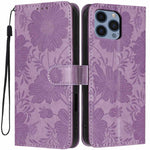 غطاء هاتف من الجلد النباتي بنقشة عباد الشمس مع حبل أسود صغير، لهواتف iPhone 14 Pro Max، iPhone 13 Pro Max، iPhone 13 Pro، iPhone 13، iPhone 12 / 12 Pro، iPhone 12 Pro Max، iPhone 11 Pro Max، iPhone 11
