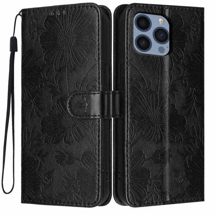 غطاء هاتف من الجلد النباتي بنقشة عباد الشمس مع حبل أسود صغير، لهواتف iPhone 14 Pro Max، iPhone 13 Pro Max، iPhone 13 Pro، iPhone 13، iPhone 12 / 12 Pro، iPhone 12 Pro Max، iPhone 11 Pro Max، iPhone 11