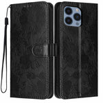 غطاء هاتف من الجلد النباتي بنقشة عباد الشمس مع حبل أسود صغير، لهواتف iPhone 14 Pro Max، iPhone 13 Pro Max، iPhone 13 Pro، iPhone 13، iPhone 12 / 12 Pro، iPhone 12 Pro Max، iPhone 11 Pro Max، iPhone 11