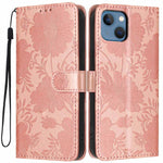 غطاء هاتف من الجلد النباتي بنقشة عباد الشمس مع حبل أسود صغير، لهواتف iPhone 14 Pro Max، iPhone 13 Pro Max، iPhone 13 Pro، iPhone 13، iPhone 12 / 12 Pro، iPhone 12 Pro Max، iPhone 11 Pro Max، iPhone 11