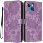 غطاء هاتف من الجلد النباتي بنقشة عباد الشمس مع حبل أسود صغير، لهواتف iPhone 14 Pro Max، iPhone 13 Pro Max، iPhone 13 Pro، iPhone 13، iPhone 12 / 12 Pro، iPhone 12 Pro Max، iPhone 11 Pro Max، iPhone 11