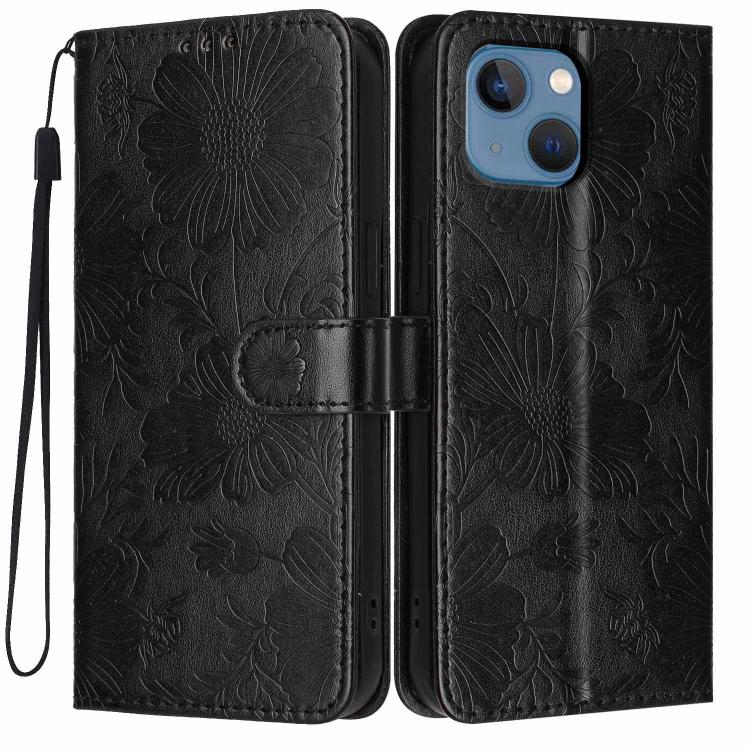 غطاء هاتف من الجلد النباتي بنقشة عباد الشمس مع حبل أسود صغير، لهواتف iPhone 14 Pro Max، iPhone 13 Pro Max، iPhone 13 Pro، iPhone 13، iPhone 12 / 12 Pro، iPhone 12 Pro Max، iPhone 11 Pro Max، iPhone 11